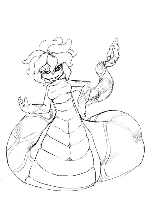 1girl camel_(dansen) female_focus full_body lamia monochrome monster_girl rattlesnake slit_pupils solo tentacle_hair