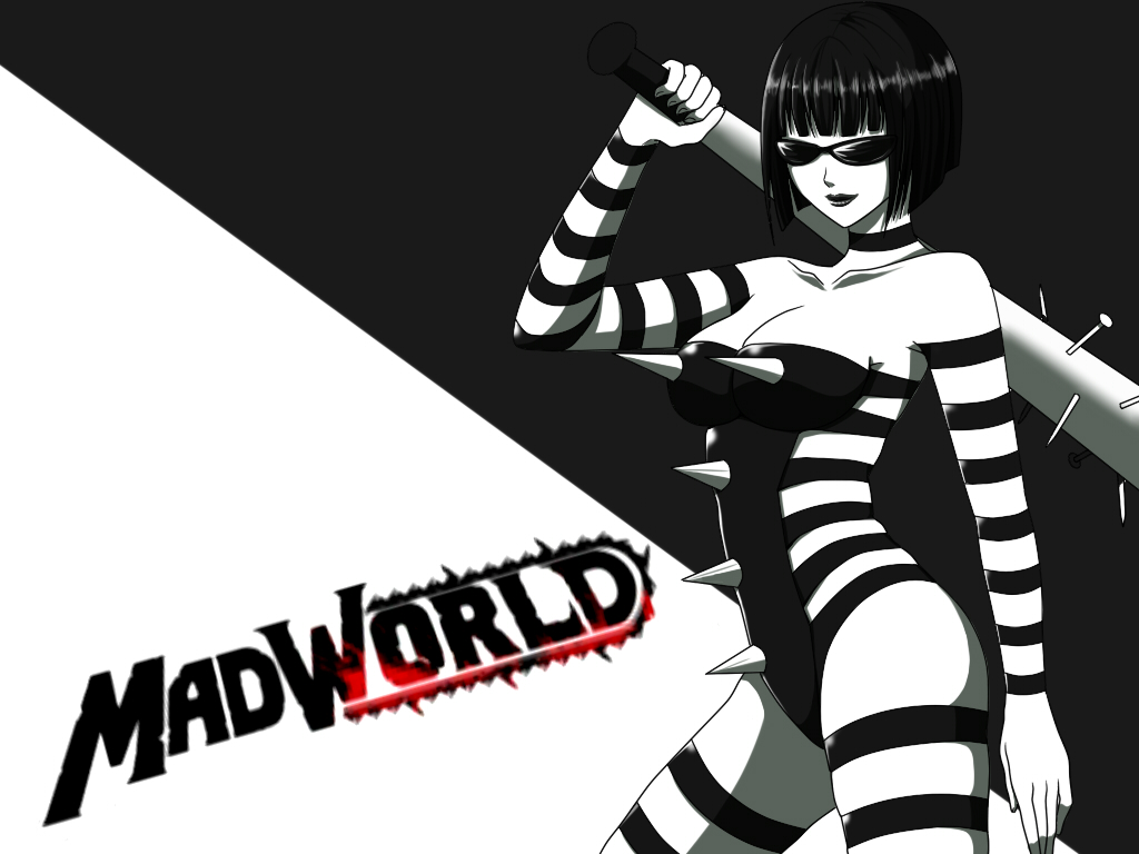 1girl baseball_bat breasts cleavage detached_sleeves english_text female_focus leather madworld mathilda_(madworld) monochrome sega solo spiked_bat spikes spot_color striped_clothes striped_thighhighs sunglasses thighhighs