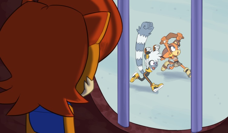 boomerang celebration grey_fur idw_publishing jacket jungle_girl long_tails orange_fur pants red_hair running sally_acorn sega shoes short_hair skirt sonic_(series) sonic_boom_(series) sonic_the_hedgehog_(archie_comics) sonic_the_hedgehog_(idw) squidward_looking_out_the_window_(meme) sticks_the_badger strapless tangle_the_lemur tight_clothes tight_pants tomboy tube_top vest window