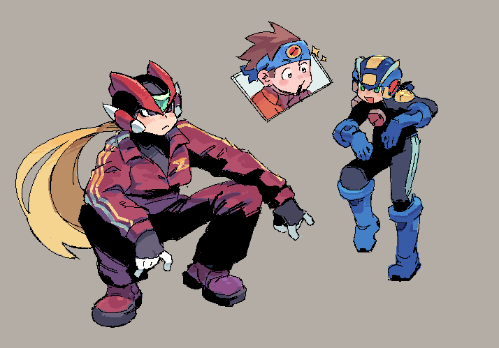 3boys black_eyes blonde_hair blue_headband brown_hair commentary_request dancing frown green_eyes grey_background headband jacket lan_hikari_(mega_man) long_hair male_focus mega_man_(series) mega_man_battle_network_(series) mega_man_zero_(series) megaman.exe multiple_boys nycnouu oekaki pants sparkle squatting track_jacket track_pants track_suit zero(z)_(mega_man) zero_(mega_man)