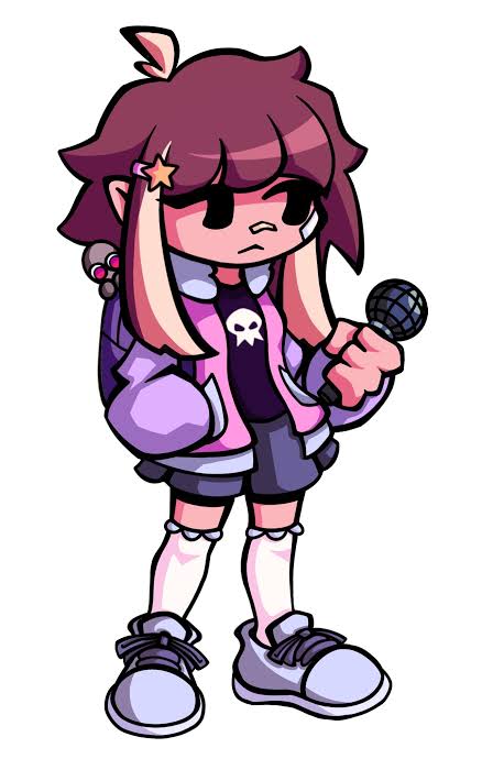 bag black_shirt blonde_hair brown_hair fnf_soft_mod friday_night_funkin&#039; friday_night_funkin&#039;_(soft_mod) jacket microphone pink_jacket purple_jacket qt_(friday_nigh_funkin) shirt shoes thighhighs white_background white_thighhighs