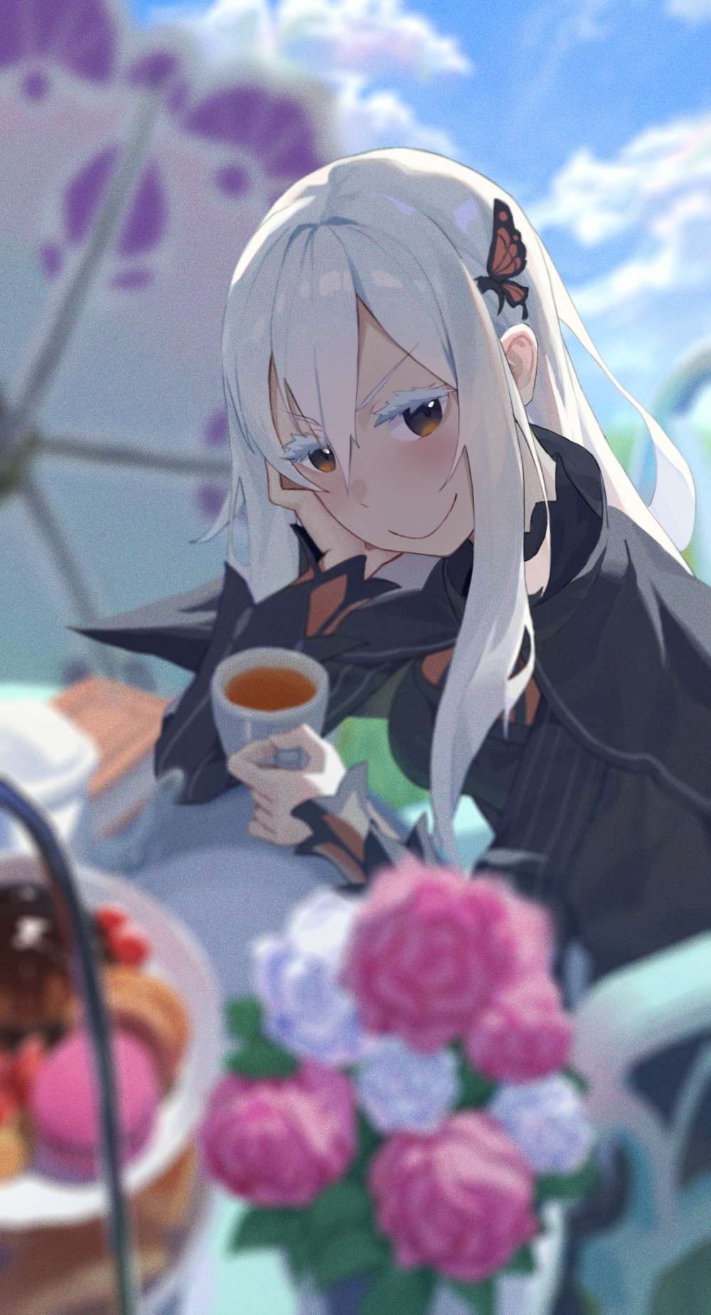 1girl black_dress blue_sky blurry brown_eyes butterfly_hair_ornament chair chiyo_kami closed_mouth cloud commentary_request cup day depth_of_field dress echidna_(re:zero) elbow_on_table flower gloves hair_ornament hand_on_own_cheek hand_on_own_face highres holding holding_cup long_hair looking_at_viewer on_chair outdoors pink_flower pink_rose re:zero_kara_hajimeru_isekai_seikatsu rose sitting sky smile solo teacup white_gloves white_hair