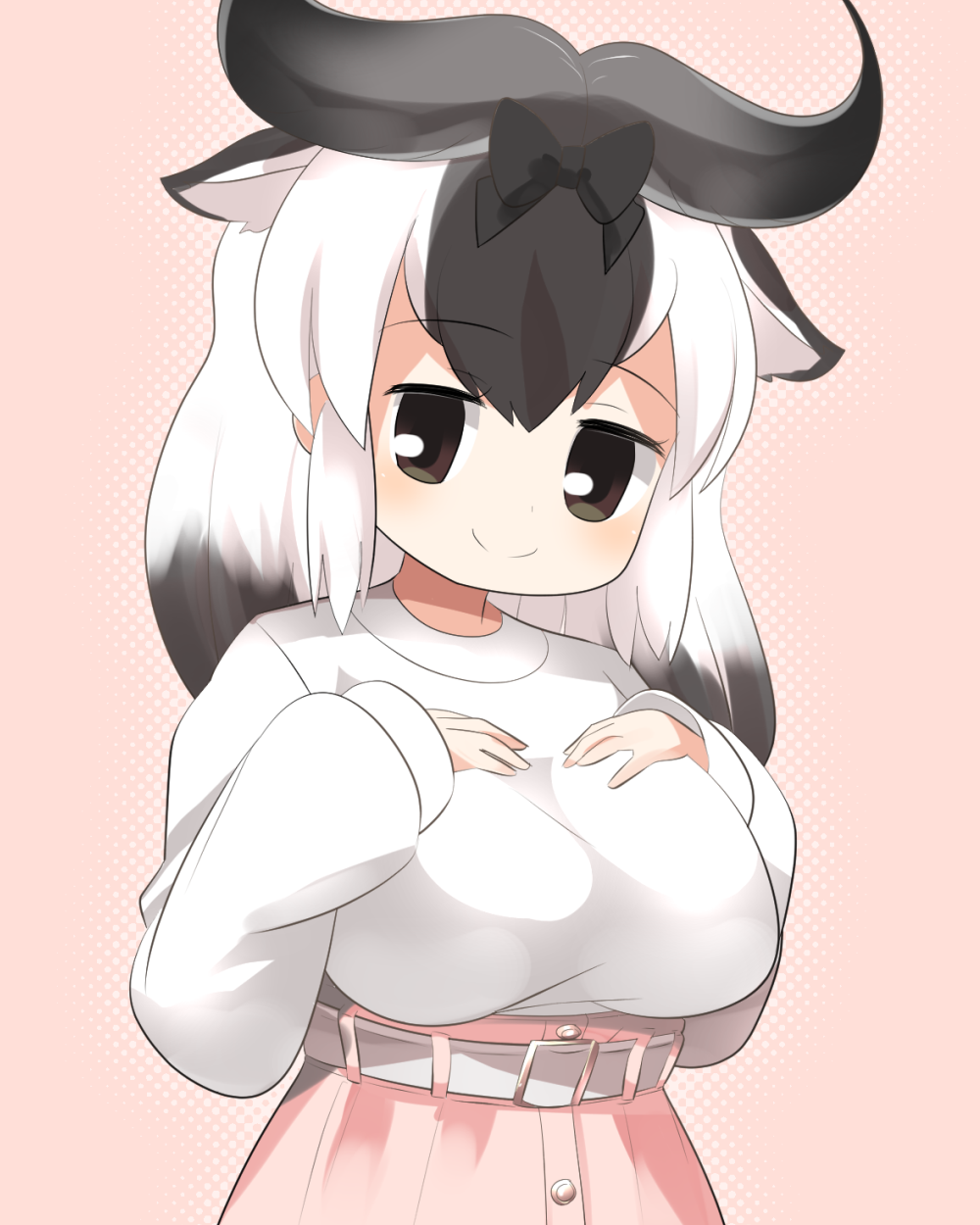 1girl alternate_costume animal_ears belt black_bow black_hair blue_wildebeest_(kemono_friends) blush bow breasts brown_eyes closed_mouth commentary_request cow_ears cow_girl cowboy_shot extra_ears grey_belt grey_horns hair_bow hands_on_own_chest highres horns kemono_friends large_breasts lets0020 long_hair long_sleeves looking_at_viewer multicolored_hair pink_background pink_skirt shirt simple_background skirt smile solo t-shirt two-tone_hair white_hair white_shirt