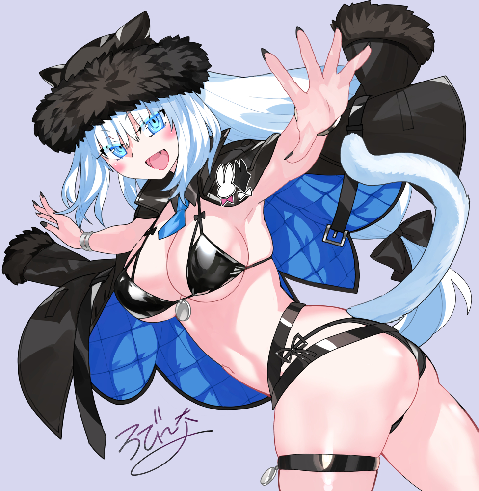 1girl animal_ears bikini black_bikini black_hat black_jacket blue_eyes blush bracelet breasts cat_ears cat_girl cat_tail cleavage detached_collar dobrynya_nikitich_(fate) dobrynya_nikitich_(swimsuit_lancer)_(fate) dobrynya_nikitich_(swimsuit_lancer)_(first_ascension)_(fate) fate/grand_order fate_(series) fur-trimmed_headwear fur_trim hat jacket jacket_on_shoulders jewelry large_breasts long_hair looking_at_viewer navel necktie open_mouth robina smile solo swimsuit tail thighs white_hair
