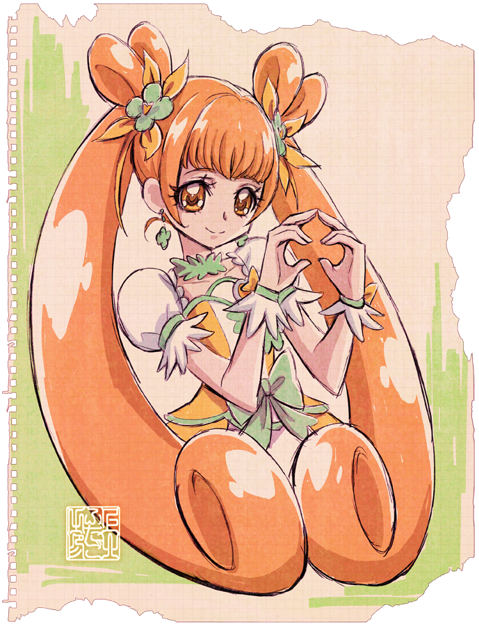 1girl artist_logo birthday commentary_request cure_rosetta dokidoki!_precure earrings eyelashes hair_ornament hair_ribbon happy jewelry kamikita_futago logo long_hair looking_at_viewer magical_girl official_art orange_eyes orange_hair precure puffy_short_sleeves puffy_sleeves ribbon short_sleeves smile solo twintails wrist_cuffs yotsuba_alice