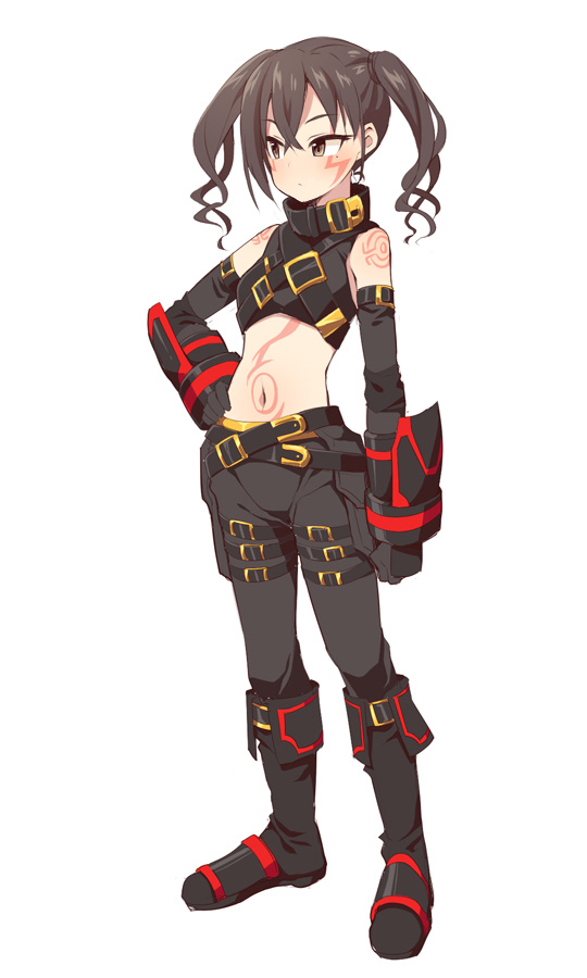 .hack// .hack//g.u. 1girl bare_shoulders black_boots black_gloves black_hair black_pants black_shirt blush boots breasts brown_eyes closed_mouth cosplay crop_top elbow_gloves eyebrows_hidden_by_hair full_body gloves hair_between_eyes hand_on_own_hip haseo_(.hack//) haseo_(.hack//)_(cosplay) idolmaster idolmaster_cinderella_girls mole mole_under_eye navel pants shirt simple_background sleeveless sleeveless_shirt small_breasts solo standing sunazuka_akira twintails uccow v-shaped_eyebrows white_background