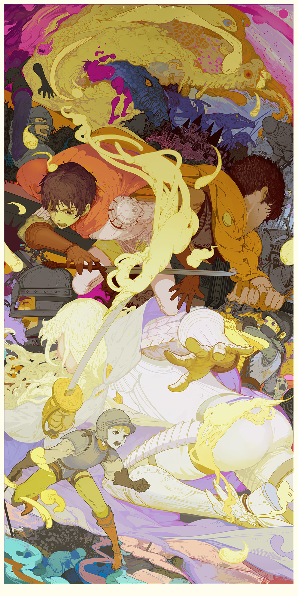 1990s_(style) 1girl 5boys androgynous ankle_wings arm_guards armor attack battle berserk blonde_hair body_horror boots breastplate brown_eyes brown_hair cape casca_(berserk) castle facing_away faulds fighting_stance gloves greaves griffith_(berserk) guts_(berserk) helm helmet highres hunsay judeau_(berserk) long_hair looking_away monster multiple_boys pauldrons pippin_(berserk) retro_artstyle rickert_(berserk) short_hair shoulder_armor sword vambraces visor_(armor) weapon wings