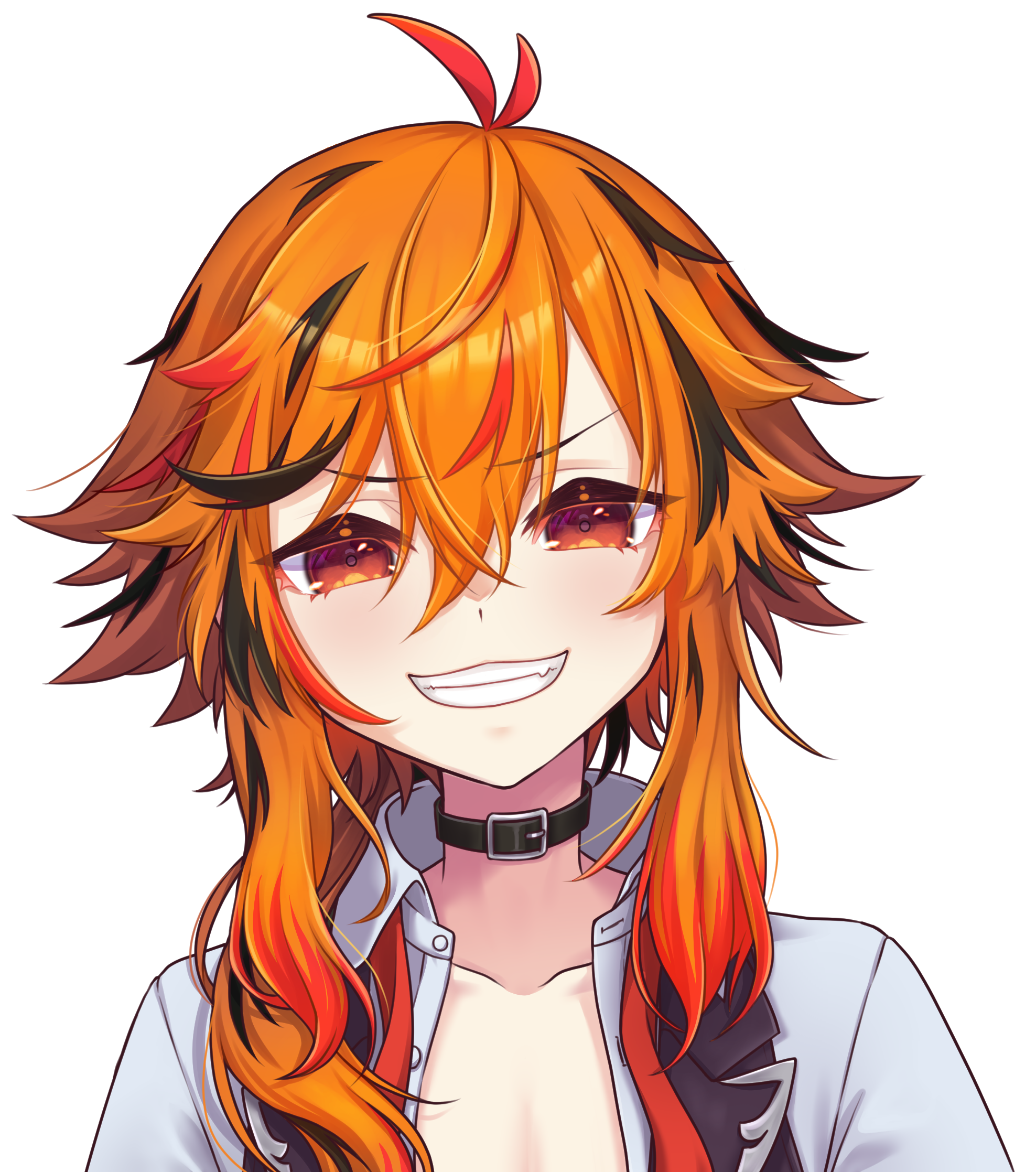 1girl belt belt_collar black_belt black_hair black_vest collar collarbone grin hair_between_eyes highres kazami_kuku large_variant_set long_bangs long_hair looking_at_viewer multicolored_hair nanashi_inc. open_clothes open_shirt open_vest orange_eyes orange_hair red_hair reona_kfc02 shirt simple_background smile solo transparent_background upper_body v-shaped_eyebrows variant_set vest virtual_youtuber white_shirt