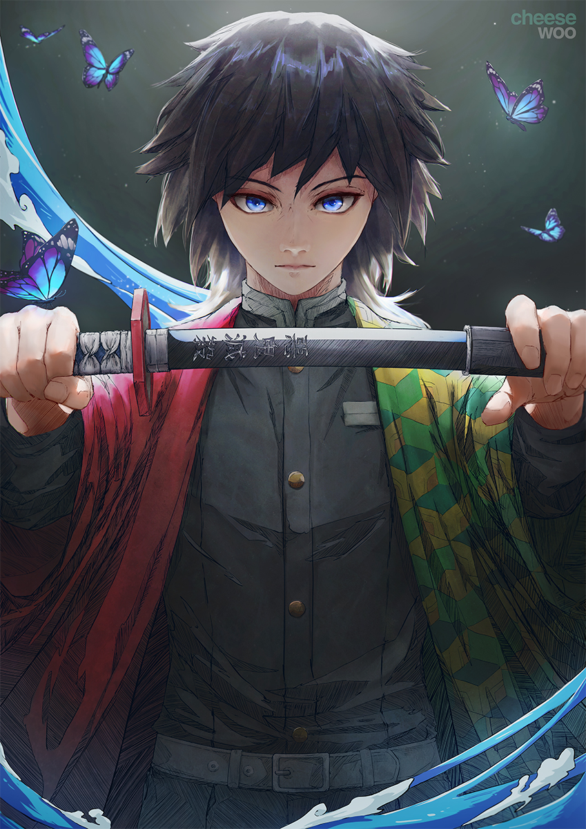1boy belt belt_buckle black_hair black_pants black_shirt blue_butterfly blue_eyes buckle bug butterfly cheesewoo closed_mouth expressionless gakuran haori highres holding holding_sword holding_weapon insect jacket japanese_clothes katana kimetsu_no_yaiba long_hair looking_at_viewer male_focus multicolored_jacket pants scabbard school_uniform sheath shirt solo sword tomioka_giyuu unsheathing upper_body water weapon