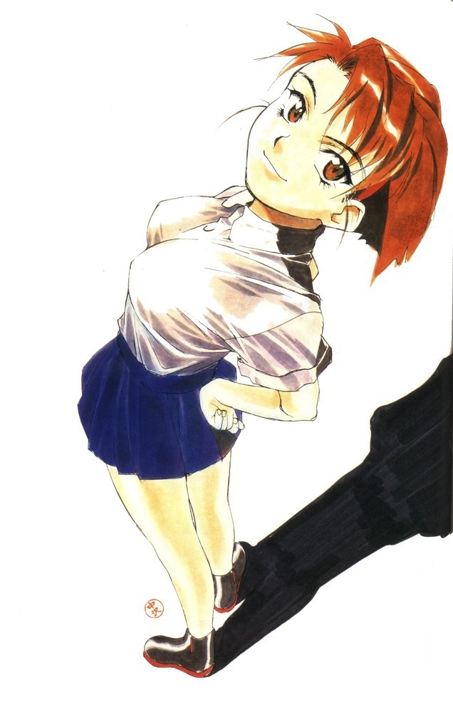 1990s_(style) 1girl arms_behind_back artist_name bending_backward black_shoes blue_skirt bob_cut breasts brown_eyes brown_hair dress_shirt el_hazard eyelashes foreshortening from_above full_body hair_strand hands_on_own_hips jinnai_nanami light_smile looking_at_viewer looking_up marker_(medium) medium_breasts nakazawa_kazuto official_art pleated_skirt retro_artstyle scan school_uniform shadow shirt shoes short_hair short_sleeves signature simple_background skirt solo source_request standing swept_bangs traditional_media white_background white_shirt