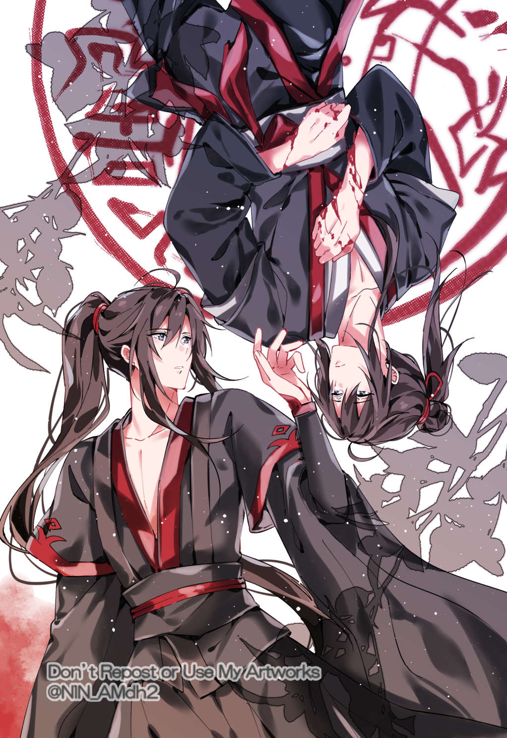 2boys ahoge bishounen black_hair black_hanfu blood blood_on_hands chinese_clothes english_text eye_contact grey_eyes hair_bun hair_ribbon hanfu highres hyottokoane layered_sleeves long_hair long_sleeves looking_at_another magic_circle male_focus mo_xuanyu modao_zushi multiple_boys pectoral_cleavage pectorals ponytail red_ribbon ribbon rotational_symmetry sidelocks single_hair_bun twitter_username upside-down watermark wei_wuxian white_background wide_sleeves