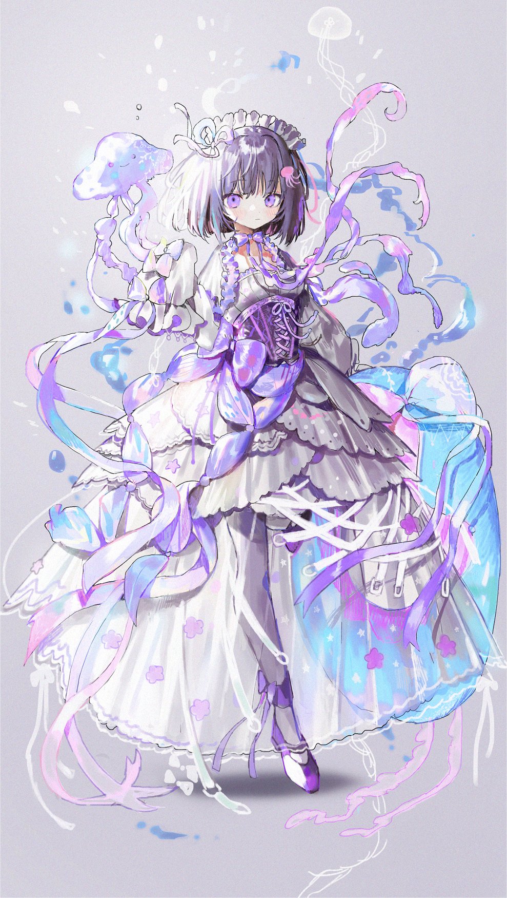 1girl belt blunt_bangs blush bow bowtie closed_mouth commentary corset dot_nose dress frills full_body grey_background hair_ribbon highres holding holding_swim_ring innertube jellyfish jellyfish_hair_ornament leg_ribbon looking_at_viewer maid_headdress multiple_belts nana_tetra original pantyhose purple_bow purple_bowtie purple_corset purple_eyes purple_hair purple_shoes ribbon see-through_clothes see-through_dress shoes short_hair simple_background solo standing standing_on_one_leg swim_ring symbol-only_commentary white_dress white_headdress white_pantyhose white_ribbon wide_sleeves