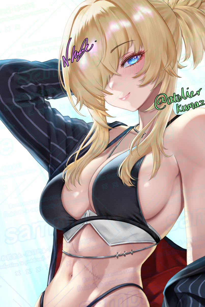 1girl abs arm_up atelier_kumaz bikini black_bikini black_jacket blonde_hair blue_eyes breasts cleavage closed_mouth collar collarbone commentary_request cowboy_shot formal_clothes glasses glint goddess_of_victory:_nikke grave_(beautiful_you)_(nikke) grave_(nikke) groin hair_between_eyes hair_intakes highleg highleg_bikini highres jacket large_breasts long_hair long_sleeves looking_at_viewer metal_collar multiple_scars navel necklace_between_breasts off_shoulder official_alternate_costume open_clothes open_jacket pinstripe_jacket pinstripe_pattern pinstripe_suit ponytail sample_watermark scar scar_on_stomach short_ponytail sidelocks signature single_bare_shoulder smile solo standing stomach suit swimsuit twitter_username watermark