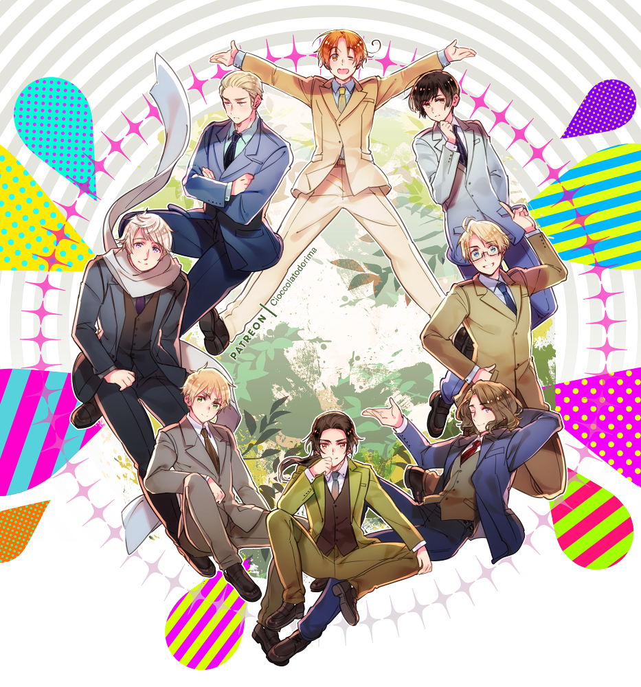 6+boys ahoge america_(hetalia) arms_up artist_name axis_powers_hetalia black-framed_eyewear black_footwear black_hair black_jacket black_necktie black_pants black_vest blonde_hair blue_eyes blue_jacket blue_necktie blue_pants blue_shirt blunt_ends brown_eyes brown_hair brown_jacket brown_pants brown_vest china_(hetalia) cioccolatodorima closed_mouth collared_shirt commentary crossed_arms english_commentary formal_clothes france_(hetalia) full_body germany_(hetalia) glasses green_eyes green_jacket green_pants grey_jacket grey_necktie grey_pants hand_on_own_face hand_on_own_hip hand_up himaruya_hidekazu_(style) index_finger_raised jacket japan_(hetalia) lapels long_hair long_sleeves looking_at_viewer multiple_boys necktie northern_italy_(hetalia) one_eye_closed open_clothes open_jacket open_mouth orange_eyes orange_hair pants ponytail purple_eyes red_necktie russia_(hetalia) scarf semi-rimless_eyewear shirt shoes short_hair sitting smile sparkle standing suit teeth united_kingdom_(hetalia) vest white_hair white_scarf white_shirt yellow_jacket