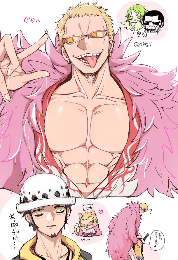1girl 3boys ? abs black_hair blonde_hair cat_boy chibi coat collarbone denim donquixote_doflamingo earrings facial_hair feather_coat goatee green_hair hand_on_another&#039;s_back hat heart height_difference holding holding_sword holding_weapon hood hoodie jeans jewelry katana looking_at_another monet_(one_piece) multiple_boys muscular muscular_male nashieda one_piece open_clothes open_mouth pants pectorals pink_coat shirt short_hair smile speech_bubble sunglasses sword tattoo thread tinted_eyewear tongue tongue_out trafalgar_law translation_request vergo_(one_piece) weapon white-framed_eyewear white_shirt yellow_eyes