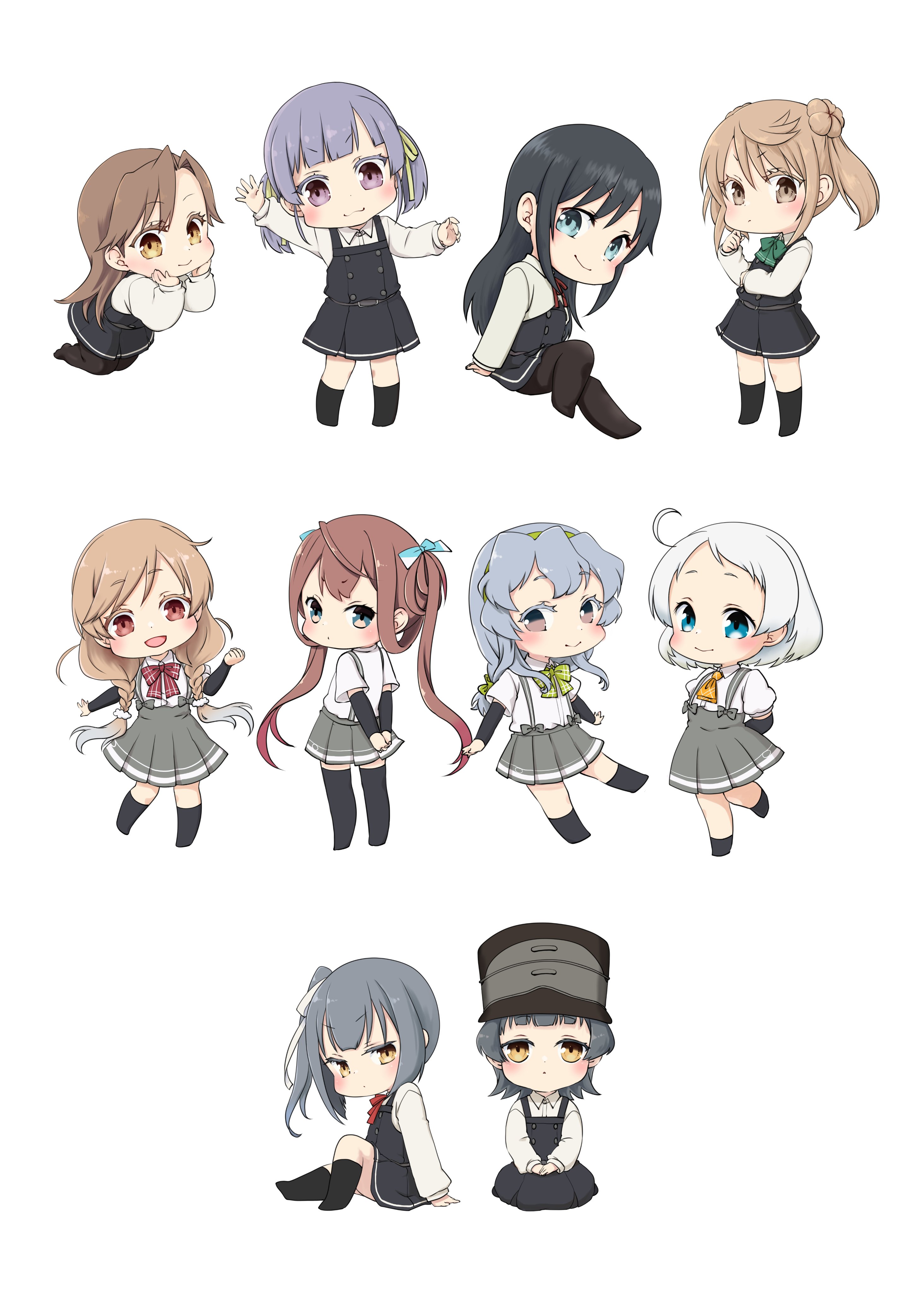 6+girls absurdres arare_(kancolle) arare_kai_ni_(kancolle) arashio_(kancolle) arashio_kai_ni_(kancolle) asagumo_(kancolle) asashio_(kancolle) asashio_kai_ni_(kancolle) black_dress black_hair black_socks black_thighhighs blue_eyes braid brown_hair chibi collared_shirt double_v dress dress_shirt grey_eyes grey_skirt hat highres kantai_collection kasumi_(kancolle) kasumi_kai_ni_(kancolle) long_hair michishio_(kancolle) michishio_kai_ni_(kancolle) minegumo_(kancolle) mocchi_(mocchichani) multiple_girls natsugumo_(kancolle) ooshio_(kancolle) ooshio_kai_ni_(kancolle) pinafore_dress pleated_skirt shirt shoes short_hair skirt sleeveless sleeveless_dress socks standing thighhighs twin_braids twintails unworn_shoes v waving white_hair white_shirt yamagumo_(kancolle)