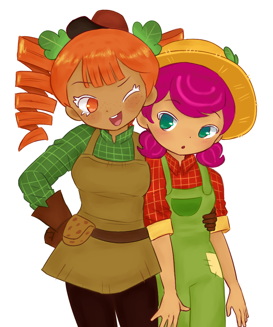 2girls aqua_eyes beet_cookie beet_cookie_(farm_ranger) breasts brown_gloves carrot_cookie commentary cookie_run cookie_run:_ovenbreak dark-skinned_female dark_skin drill_hair english_commentary farmer fawnmoth freckles gloves green_eyes green_overalls green_shirt hand_on_another&#039;s_waist hand_on_own_hip hat humanization long_hair low_twintails multiple_girls one_eye_closed orange_eyes orange_hair overall_skirt overalls petite plaid_clothes plaid_shirt purple_hair red_shirt redrawn shirt short_twintails small_breasts twin_drills twintails white_background yuri