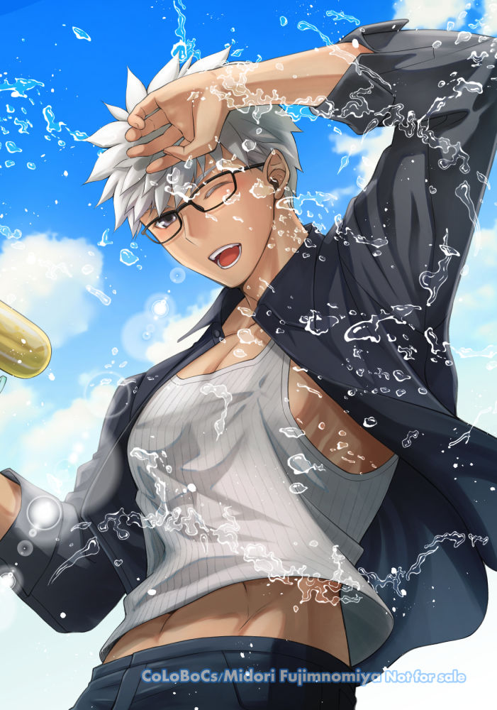 1boy alternate_costume archer_(fate) archer_(summer_casual)_(fate) arm_up black_pants brown_eyes dark-skinned_male dark_skin fate/grand_order fate/stay_night fate_(series) glasses male_focus midriff_peek muscular muscular_male official_alternate_costume one_eye_closed open_clothes open_mouth open_shirt pants rinrinri_(fujimiya) shirt short_hair smile solo tank_top undershirt white_hair white_tank_top