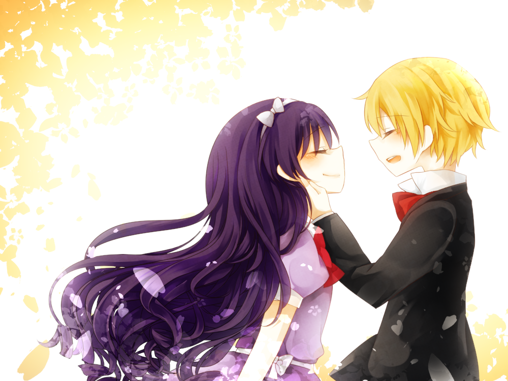 1boy 1girl black_hair blonde_hair bow bowtie chloe_ardenne chloe_no_requiem dress closed_eyes formal_clothes hair_bow hand_on_another&#039;s_face long_hair michel_d&#039;alembert open_mouth short_hair smile tears traditional_bowtie
