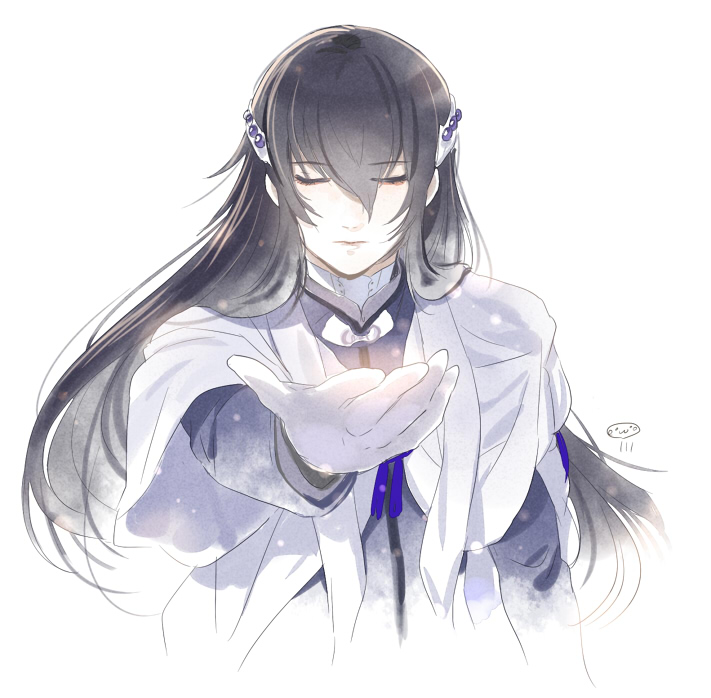 10s 1boy black_hair closed_eyes gloves hair_ornament juzumaru_tsunetsugu male_focus mizuhara_aki outstretched_hand touken_ranbu upper_body white_gloves