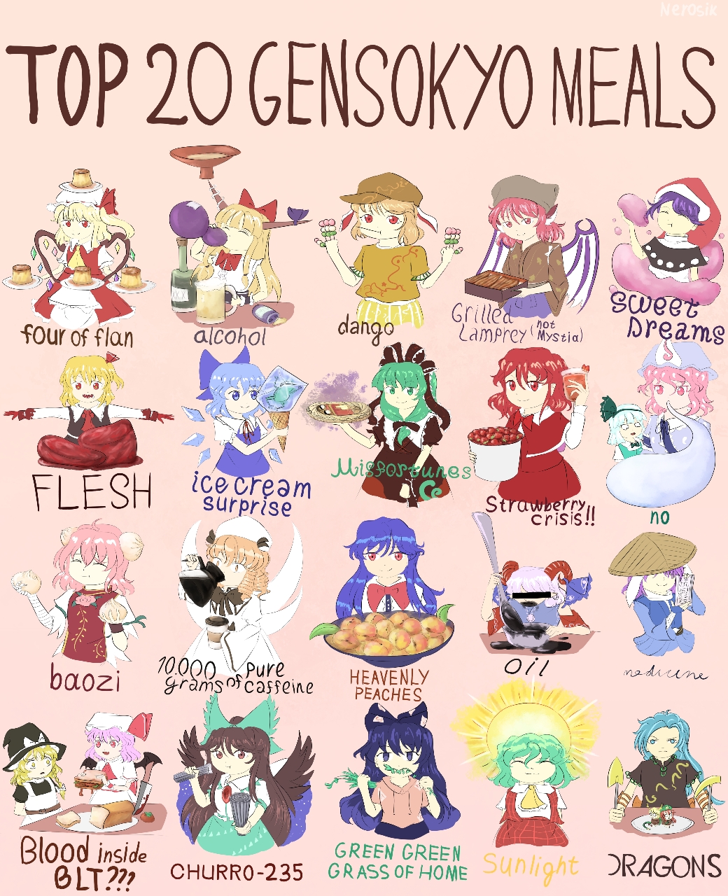 6+girls alcohol animal_ears bandaged_arm bandages baozi_hair_ornament beer blonde_hair blood blue_eyes blue_hair bow bread brown_eyes brown_hair brown_kimono censored censored_identity character_request cirno cup dango disposable_coffee_cup disposable_cup english_text everyone fish_(food) flandre_scarlet food food-themed_hair_ornament frozen_frog fruit gourd green_hair grilled_eel hair_ornament hat headscarf highres holding holding_coffee_pot holding_food holding_spoon horn_ornament horns ibaraki_kasen ibuki_suika japanese_clothes kagiyama_hina kazami_yuuka kimono kirisame_marisa knife luna_child multiple_girls mystia_lorelei nerosik okamisty peach pink_eyes pink_hair pudding purple_hair red_bow red_eyes red_hair reiuji_utsuho remilia_scarlet rumia saigyouji_yuyuko sandwich sanshoku_dango spoon steamed_bun strawberry sun tomato touhou wagashi wings