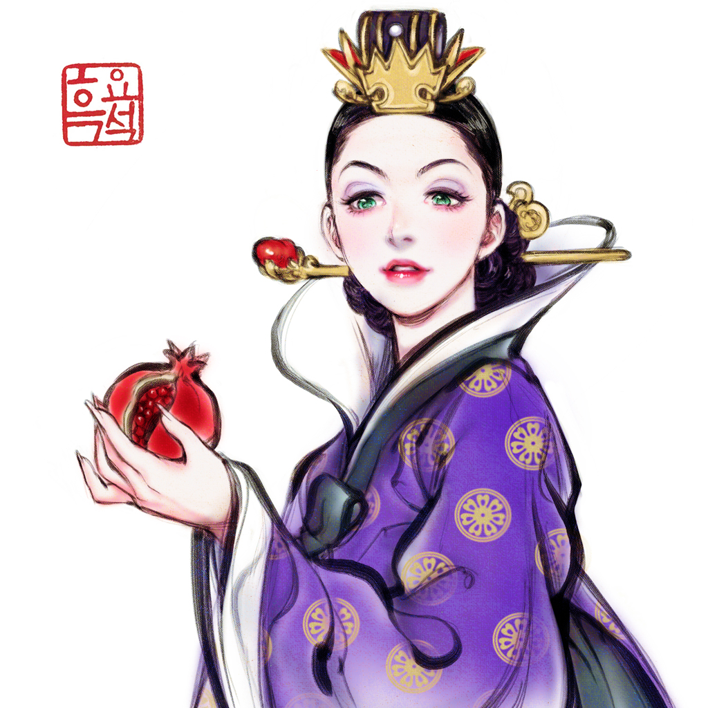 1girl 2020 adobe_fresco alternate_costume alternate_hairstyle black_hair crown disney dress duplicate evil_queen food fruit green_eyes grimhilde_(disney) hair_bun hanbok high_collar holding holding_food holding_fruit korean_clothes korean_traditional_hair_ornament korean_traditional_hat nayoung_wooh pixel-perfect_duplicate pomegranate print_dress purple_dress purple_robe raised_eyebrows red_lips robe single_hair_bun snow_white_and_the_seven_dwarfs solo symbolism traditional_clothes traditional_dress white_background yonic_symbol