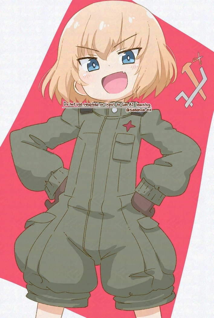 1girl artist_name blonde_hair blue_eyes bright_pupils brown_gloves commentary_request cowboy_shot emblem fang girls_und_panzer gloves green_jumpsuit hands_on_own_hips jumpsuit katyusha_(girls_und_panzer) long_sleeves looking_at_viewer medium_hair open_mouth pravda_(emblem) short_jumpsuit skin_fang smile solo tabayan_jigokuhen v-shaped_eyebrows watermark white_pupils