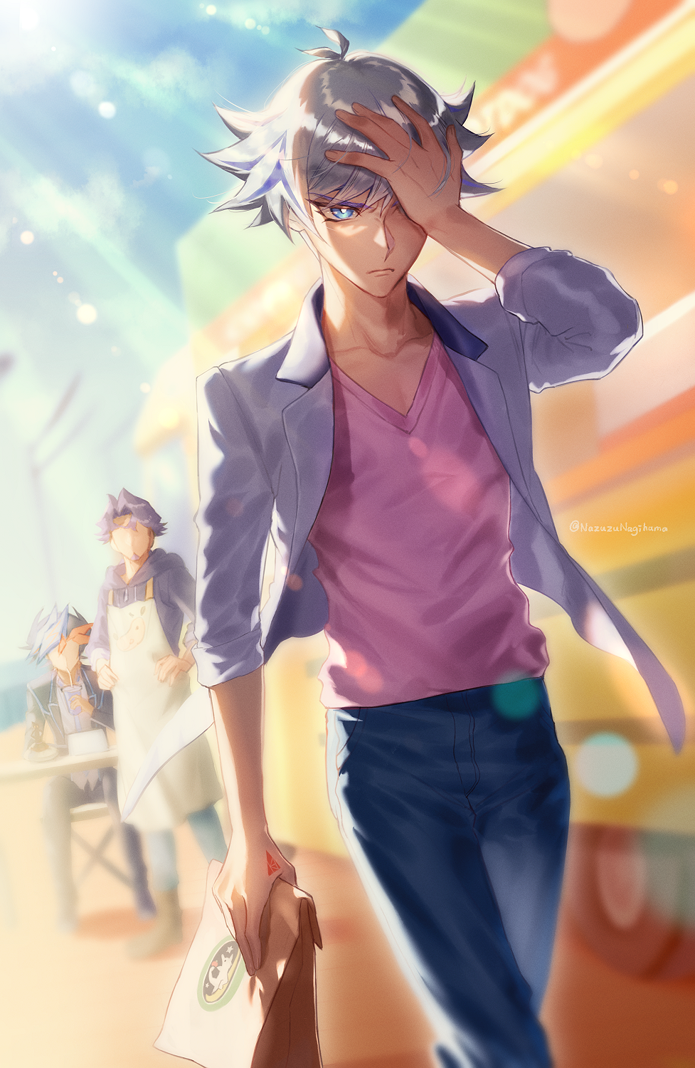 3boys ahoge apron bag black_hair black_hoodie black_pants black_shoes blazer blue_eyes blue_necktie blue_pants blue_sky boots brown_boots clear_sky colored_bangs cup dappled_sunlight denim disappointed dress_shirt drink drinking_straw faceless faceless_male facing_another facing_away facing_to_the_side food_stand food_truck fujiki_yusaku hand_in_own_hair hand_on_own_face hand_on_own_forehead hand_on_table hand_over_eye hand_tattoo hands_on_own_hips highres holding holding_bag holding_cup holding_drink hood hoodie jacket jeans kogami_ryoken kusanagi_shouichi looking_ahead looking_at_another looking_to_the_side male_focus motor_vehicle multicolored_hair multiple_boys necktie on_chair open_clothes open_jacket outdoors pants paper_bag parted_bangs pink_shirt purple_hair school_uniform shirt shoes sky sleeves_rolled_up spiked_hair streaked_hair sunlight table takeout_container tattoo truck untucked_shirt uyu_nazu walking_away white_apron white_hair white_jacket white_shirt wooden_table yu-gi-oh! yu-gi-oh!_vrains