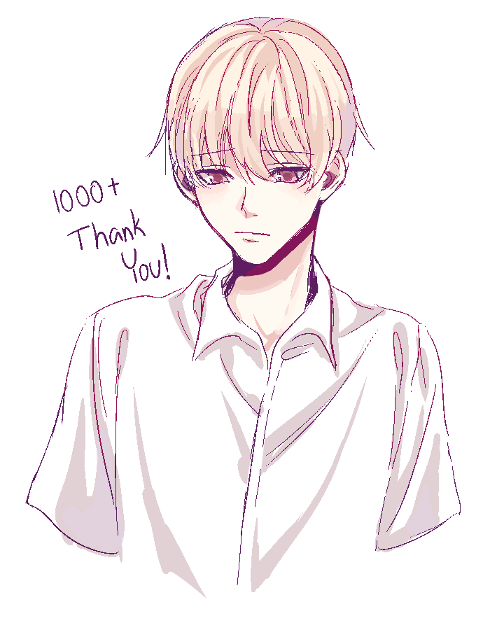 1boy brown_eyes choppy_bangs closed_mouth collared_shirt commentary cropped_torso cross english_commentary english_text frown hair_between_eyes jaggy_lines light_brown_hair limited_palette looking_down male_focus milestone_celebration open_collar original plus_sign shirt short_hair short_sleeves simple_background sketch solo tegaki thank_you upper_body white_background white_shirt yuari_kim
