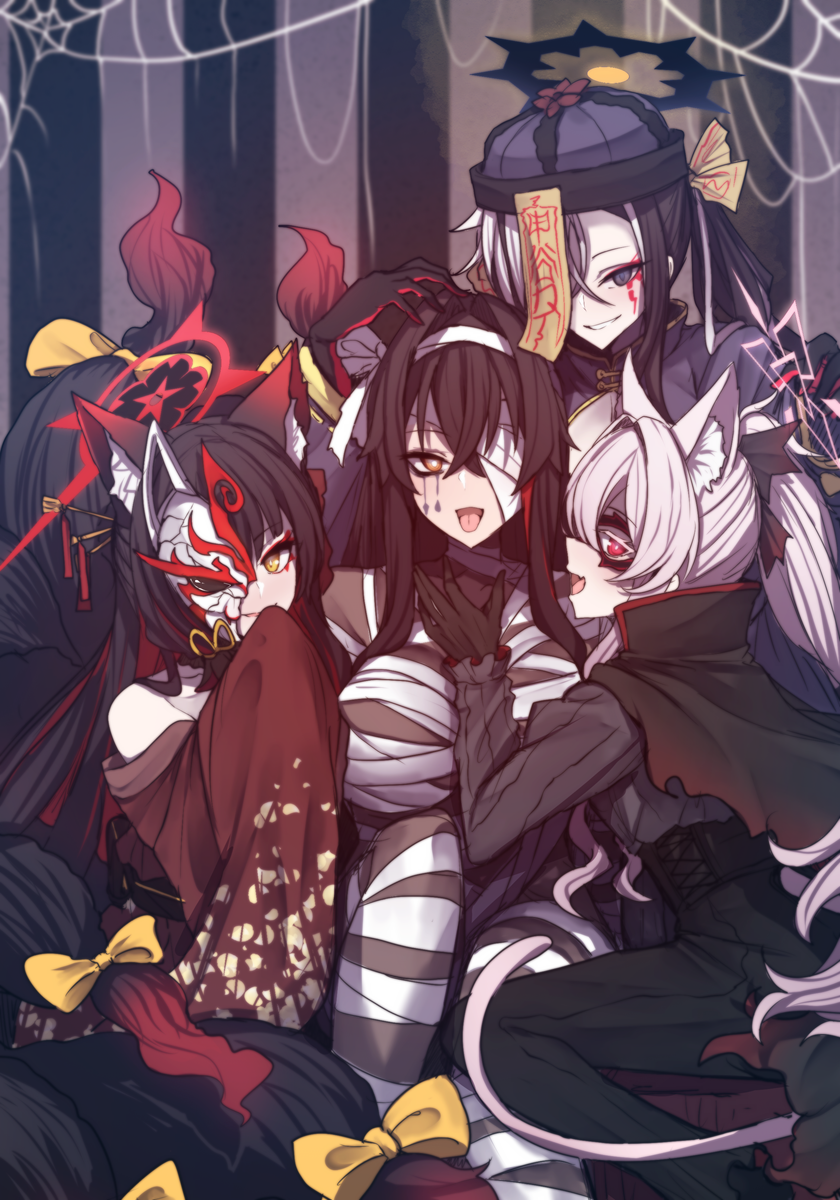 4girls :d akira_(blue_archive) alternate_costume animal_ear_fluff animal_ears bandage_over_one_eye bandaged_arm bandages black_cape black_hair blue_archive blurry bow cape cat_ears cat_girl colored_inner_hair commentary_request cosplay depth_of_field dracula dracula_(cosplay) eye_mask eyeshadow female_sensei_(blue_archive) fox fox_ears fox_girl fox_mask fox_tail grey_eyes hair_between_eyes hair_ornament hairpin half_mask halloween_costume halo hat highres jiangshi_costume kai_(blue_archive) long_hair long_sleeves looking_at_viewer makeup mask multicolored_hair multiple_girls mummy_costume ofuda ofuda_on_head open_mouth pink_hair ponytail qingdai_guanmao red_eyes red_eyeshadow ribbon sakishimadara sensei_(blue_archive) seven_prisoners_(blue_archive) sidelocks sitting smile tail tail_bow tail_ornament tail_ribbon tongue tongue_out two-tone_hair wakamo_(blue_archive) white_hair