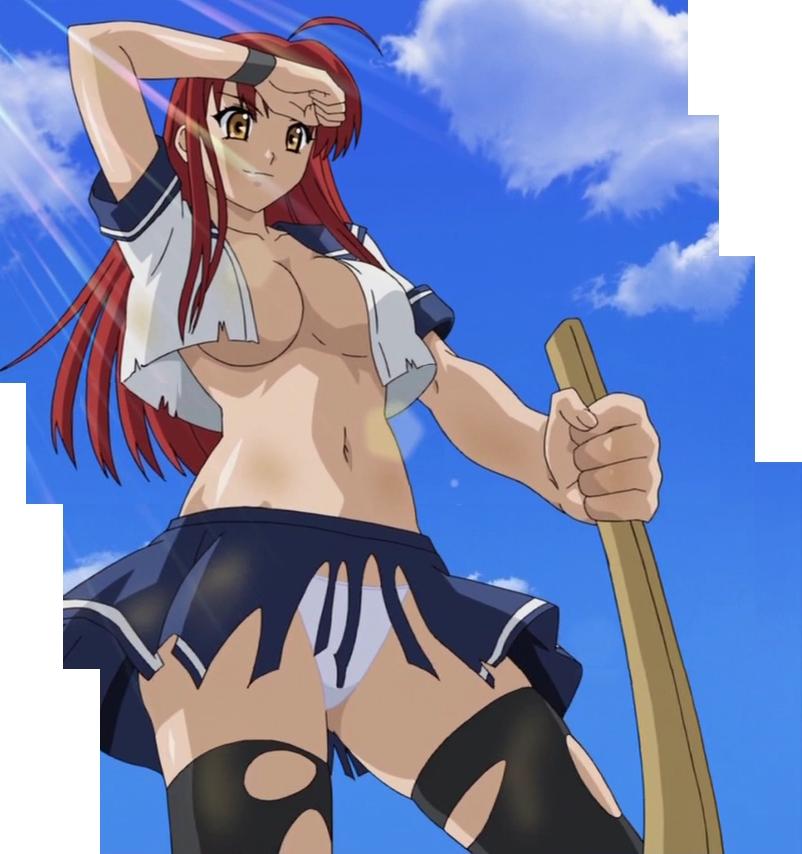 15_bishoujo_hyouryuuki 1girl arm_up breasts chiba_funako cleavage large_breasts legs long_hair navel no_bra open_clothes red_hair school_uniform skirt smile stitched sword thighs third-party_edit torn_clothes underboob weapon wooden_sword