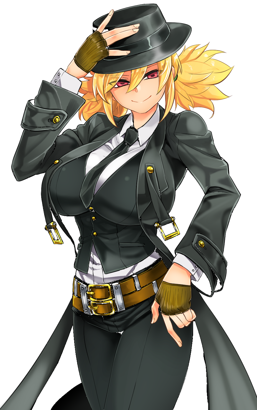 1girl alternate_costume artist_request bad_link belt black_hat black_suit blazblue blonde_hair breasts cosplay fingerless_gloves fingernails formal_clothes gloves hat hazama hazama_(cosplay) highres large_breasts long_sleeves looking_at_viewer multiple_belts necktie red_eyes senran_kagura senran_kagura_new_wave shirt smile solo suit twintails vest yuki_(senran_kagura)