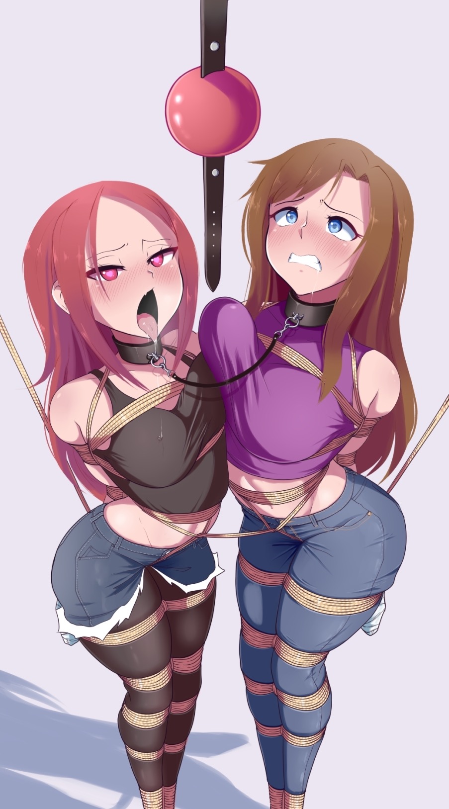 2girls arms_behind_back bagelbomb ball_gag bdsm blue_eyes blush bondage bound bound_ankles bound_arms bound_legs bound_thighs bound_torso breast_press breasts brown_hair clenched_teeth collar crop_top crotch_rope cutoffs denim denim_shorts gag heart heart-shaped_pupils highres imminent_gagging jeans lauren_(franky62009) leash long_hair lucine_(hinatachan1177) medium_breasts midriff multiple_girls open_mouth original pants pantyhose pantyhose_under_shorts parted_bangs red_eyes rope second-party_source shorts slave symbol-shaped_pupils symmetrical_docking tank_top teeth tongue tongue_out white_background