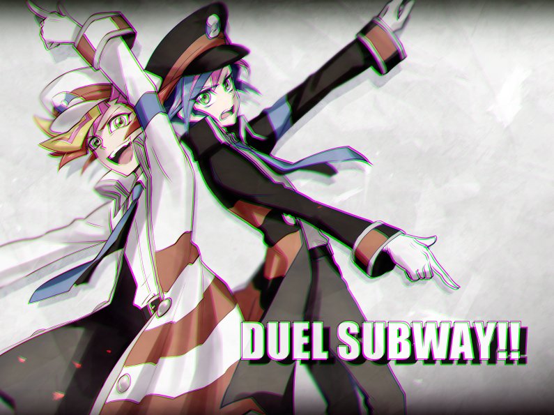 2boys alternate_form annoyed arm_up arms_up back-to-back belt black_belt black_hat black_jacket black_pants blue_necktie blurry_edges colored_bangs commentary dress_shirt english_text eyes_visible_through_hair facing_to_the_side film_grain fujiki_yusaku glitch gloves green_eyes grey_background happy hat jacket looking_at_viewer looking_to_the_side loose_necktie male_focus military_hat multiple_boys necktie open_clothes open_jacket open_mouth outstretched_arm outstretched_arms pants playmaker_(yu-gi-oh!) pointing pointing_down pointing_up popped_collar red_hair red_sleeve_cuffs sailor sailor_hat sanagi_2 shirt shouting spiked_hair striped_clothes striped_jacket vignetting white_background white_gloves white_hat white_jacket white_shirt wind yu-gi-oh! yu-gi-oh!_vrains