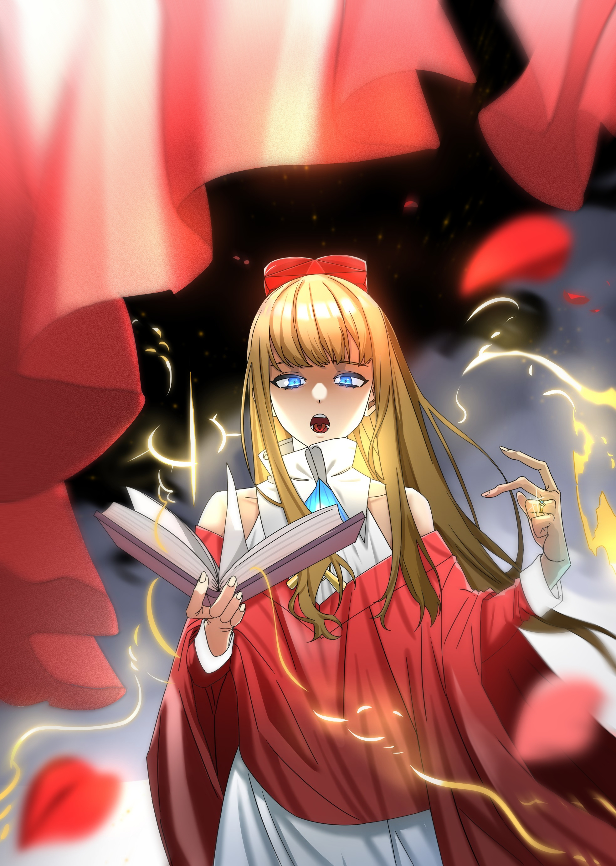 1girl absurdres biretta blonde_hair blue_eyes book cardinal_armand casting_spell electricity highres jewelry last_origin looking_at_viewer magic open_mouth rhlatm ring solo spell
