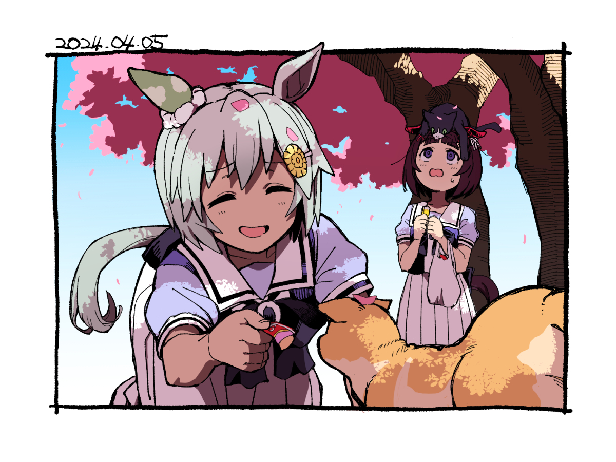 2girls all_fours animal animal_ears animal_on_head aqua_hair bag border cat cat_on_head cherry_blossoms closed_eyes dated ear_covers ears_down hair_ornament hairclip horse_ears horse_girl horse_tail multiple_girls nishino_flower_(umamusume) okachi on_head open_mouth outdoors petals plastic_bag purple_shirt school_uniform seiun_sky_(umamusume) shirt single_ear_cover skirt smile standing sweatdrop tail tracen_school_uniform tree umamusume white_skirt