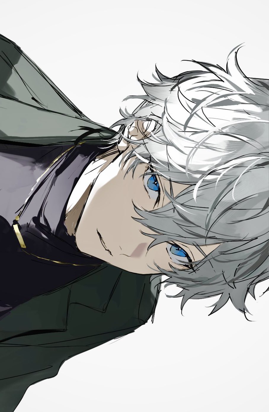 1boy backlighting black_shirt blue_eyes close-up double-parted_bangs ensemble_stars! from_above green_jacket grey_hair hair_between_eyes highres jacket jewelry looking_at_viewer male_focus necklace nozz177 open_clothes open_jacket parted_lips sanpaku sena_izumi_(ensemble_stars!) shadow shirt short_hair simple_background solo sweater turtleneck turtleneck_sweater white_background