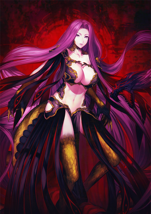 1girl absurdly_long_hair black_bustier black_skin black_skirt breasts bustier claws cleavage cleavage_cutout clothing_cutout collarbone colored_extremities colored_skin curtained_hair fate/grand_order fate_(series) feet_out_of_frame floating_hair gorgon_(fate) huge_breasts linea_alba long_hair looking_at_viewer medusa_(fate) monster_girl navel official_art parted_lips pelvic_curtain purple_eyes purple_hair red_background rider scales simosi skirt snake_hair snake_tail solo stomach tail third-party_source underwear variant_set very_long_hair yellow_claws yellow_scales