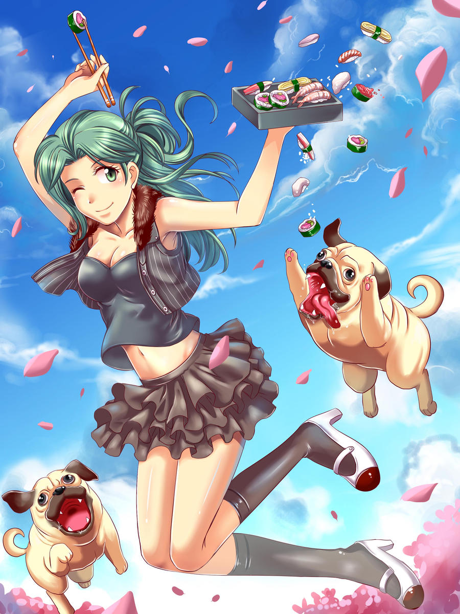 1girl breasts cherry_blossoms chopsticks cleavage dog food green_eyes green_hair high_heels highres midriff navel one_eye_closed ponytail pug skirt smile solo_focus songwut_ouppakarndee sushi vest