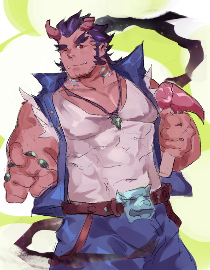 1boy bara belt blue_hair broken_horn covered_abs covered_navel cowboy_shot dark_blue_hair demon_boy demon_horns facial_hair goatee_stubble hammer horns huge_eyebrows hydaus large_pectorals male_focus muscular muscular_male mutton_chops one_eye_closed pectoral_cleavage pectorals pointing pointing_at_viewer short_hair sketch smile solo stubble takemaru_(housamo) tokyo_houkago_summoners tusks
