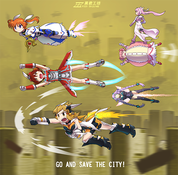 &gt;_&lt; braid brown_hair choujigen_game_neptune city crossover fat fat_woman flying heei_juun isshiki_akane jetpack kamen_rider kamen_rider_(1st_series) kaname_madoka kaname_madoka_(magical_girl) lyrical_nanoha magical_girl mahou_shoujo_lyrical_nanoha mahou_shoujo_madoka_magica mahou_shoujo_madoka_magica_(anime) multiple_crossover neptune_(series) pink_hair purple_hair purple_heart_(neptunia) raising_heart raising_heart_(device_mode)_(1st) red_hair senki_zesshou_symphogear short_hair staff tachibana_hibiki_(symphogear) takamachi_nanoha takamachi_nanoha_(movie_1st_mode) twin_braids vividred_operation winged_footwear yellow_eyes yuuki_yuuna yuuki_yuuna_wa_yuusha_de_aru yuusha_de_aru
