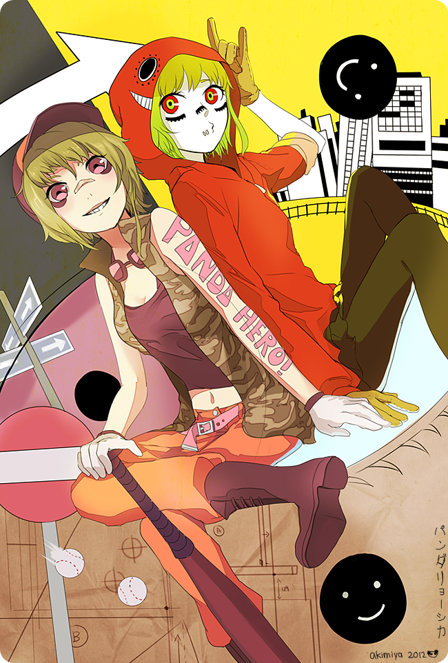 10s 2012 2girls back-to-back bandaid bandaid_on_face bandaid_on_nose baseball_bat dual_persona green_hair gumi hood hoodie m/ matryoshka_(vocaloid) multicolored_eyes multiple_girls panda_hero_(vocaloid) piano_(agneschen) sitting smile vocaloid