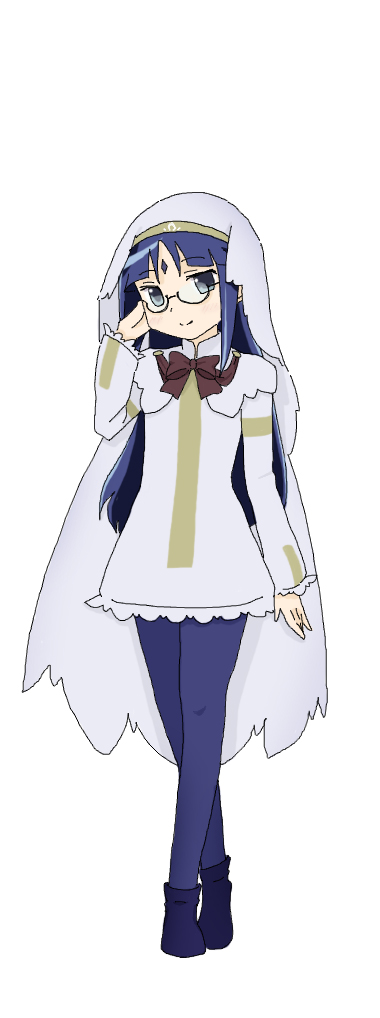 10s 1girl blue_eyes blue_hair bow capelet dress female_focus glasses llio long_hair mahou_shoujo_kazumi_magica mahou_shoujo_madoka_magica matching_hair/eyes misaki_umika official_style pantyhose smile solo veil
