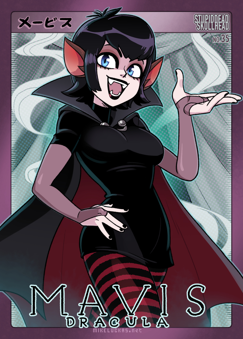 1girl alternate_costume animal_ears bat_girl black_hair black_nails black_shirt blue_eyes breasts cape car character_name datskelebutt detached_sleeves fangs hotel_transylvania large_breasts leggings lipstick makeup mavis_dracula mike_luckas motor_vehicle nails numbered open_mouth shirt smile