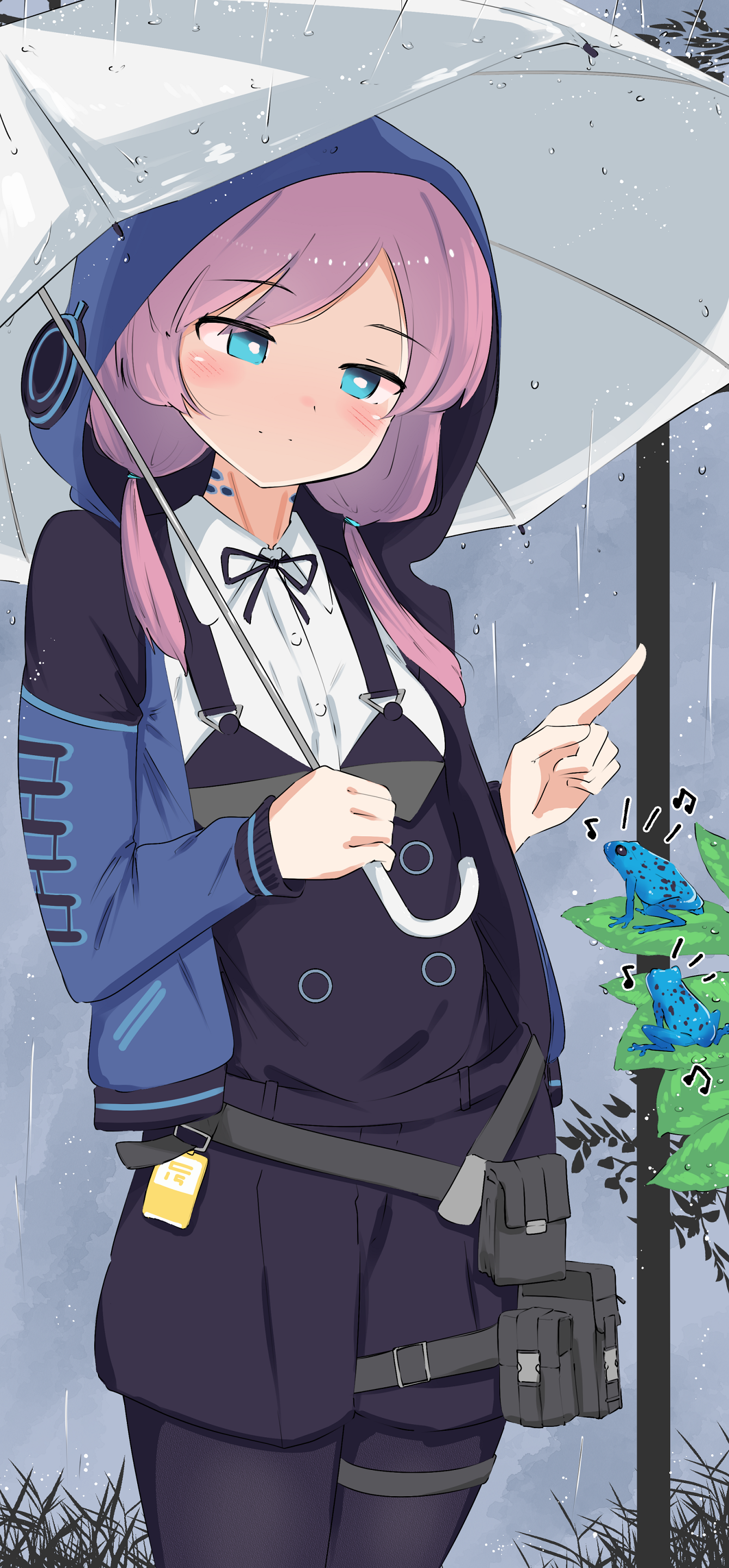 1girl absurdres animal arknights beamed_eighth_notes black_pantyhose black_ribbon blue_eyes blue_jacket blue_poison_(arknights) blush bright_pupils closed_mouth commentary_request commission cowboy_shot eighth_note frog hair_over_shoulder highres holding holding_umbrella hood hood_up hooded_jacket index_finger_raised jacket jiyuu_(yui_mizukara) leaf long_hair long_sleeves looking_at_animal looking_down musical_note neck_ribbon notice_lines open_clothes open_jacket outdoors pantyhose pink_hair pouch rain ribbon skeb_commission smile solo standing thigh_strap umbrella water water_drop wet white_pupils
