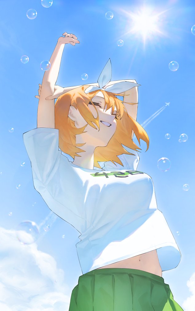 1girl arms_up blue_sky breasts closed_eyes commentary floating_hair four-leaf_clover_day from_below go-toubun_no_hanayome green_skirt hair_ribbon hairband large_breasts mi8pq nakano_yotsuba navel orange_hair pleated_skirt print_shirt ribbon shirt short_hair skirt sky smile soap_bubbles stretching sun t-shirt teeth white_hairband white_shirt