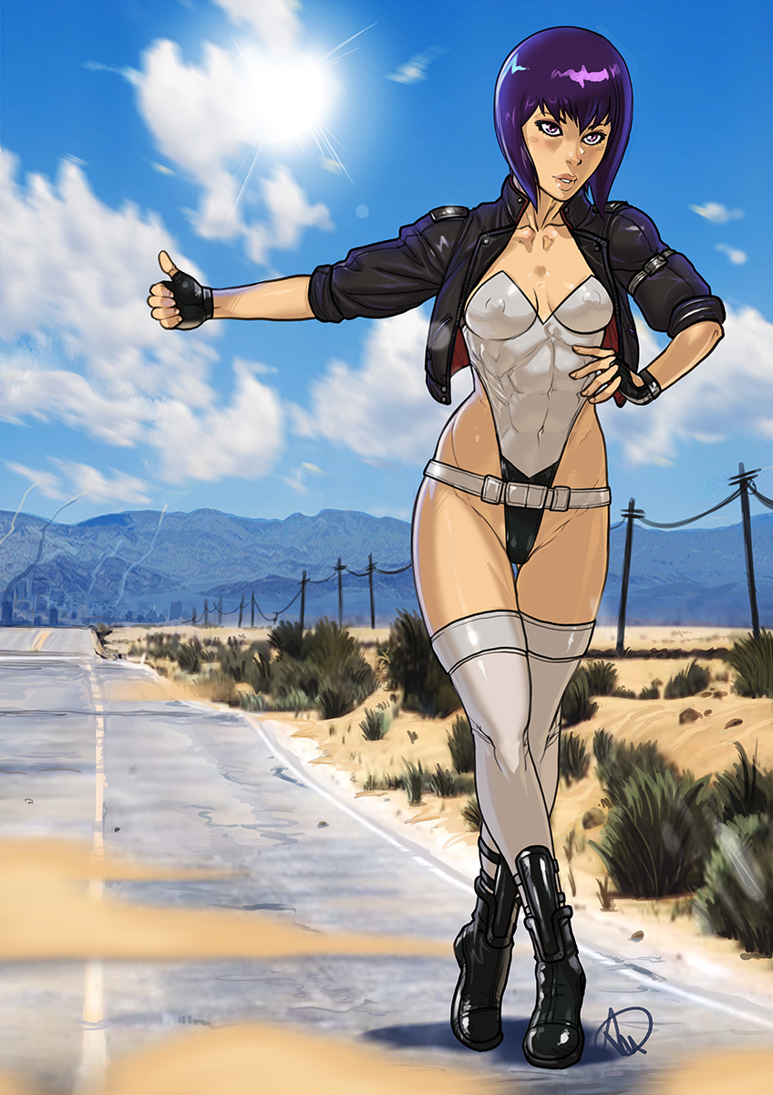 ganassa ghost_in_the_shell ghost_in_the_shell:_sac_2045 ghost_in_the_shell:_stand_alone_complex highres hitchhiking kusanagi_motoko nipples_visible_through_shirt tagme