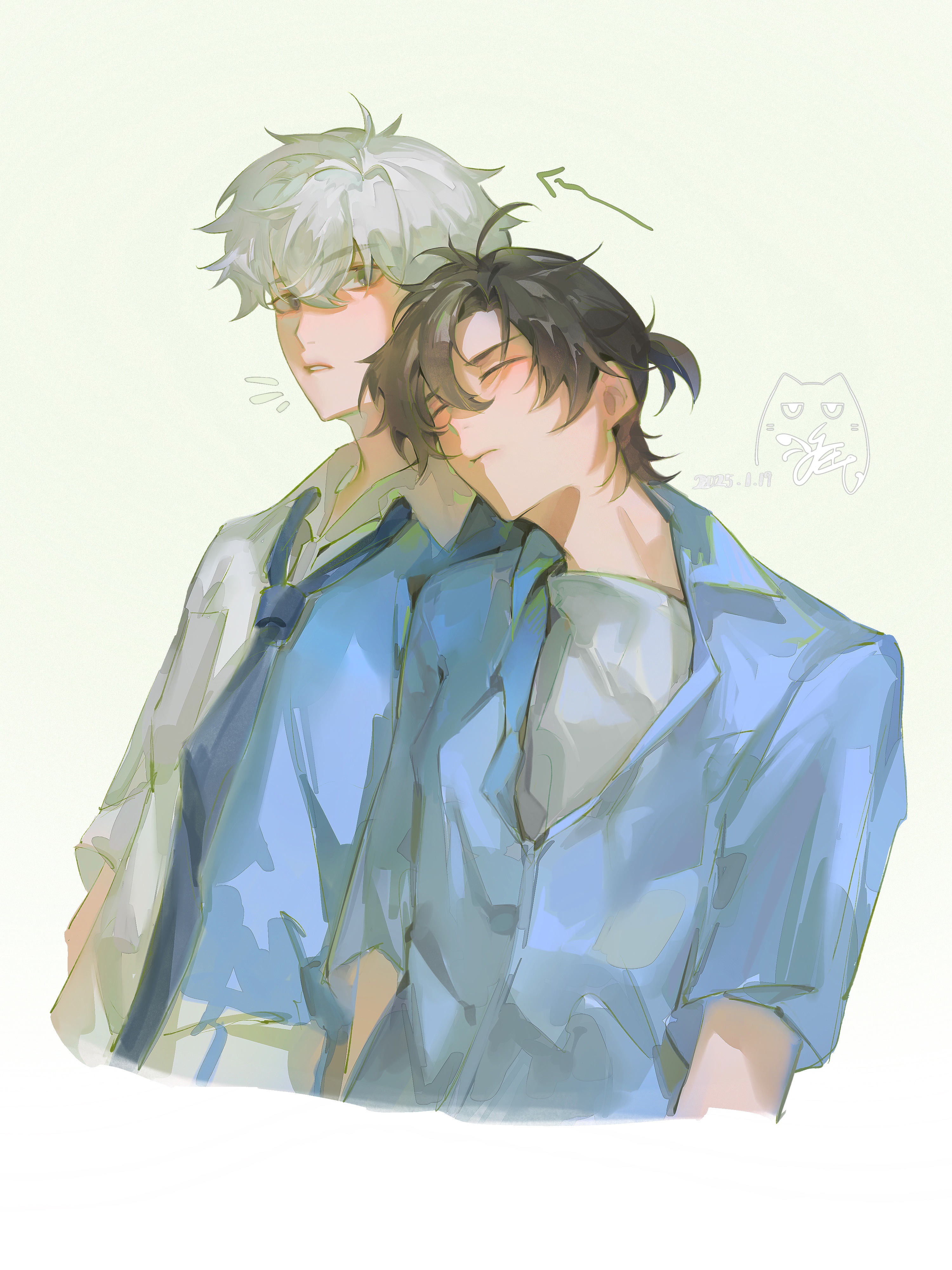 2boys absurdres ahoge artist_logo black_hair blue_eyes blue_necktie blue_shirt blush cheng_xiaoshi chinese_commentary closed_eyes closed_mouth collared_shirt green_background hair_between_eyes head_on_another's_shoulder highres leaning_on_person logo lu_guang male_focus messy_hair multiple_boys necktie official_alternate_costume open_mouth parted_lips ponytail shiguang_dailiren shirt short_hair short_ponytail short_sleeves side-by-side simple_background sleeping sleeping_on_person upper_body white_background white_hair white_shirt yaoi you_yeyou0904 zzz