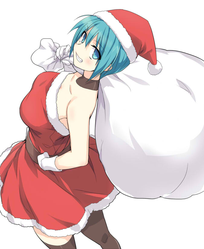 1girl breasts choker christmas dress eeeeee female_focus from_above from_side gloves grin hand_on_own_hip hat large_breasts linda_(linda_cube) linda_cube looking_at_viewer red_dress sack santa_costume santa_dress santa_hat short_hair simple_background smile solo thighhighs white_background white_gloves