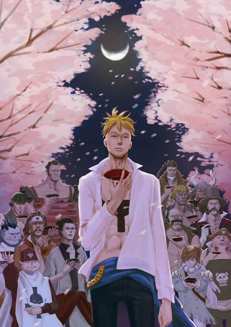6+boys alcohol androgynous atmos_(one_piece) black_hair blamenco blenheim blonde_hair bowl brown_hair curiel_(one_piece) dreadlocks flower_sword_vista fossa_(one_piece) haruta_(one_piece) hat helmet izou_(one_piece) jolly_roger jozu_(one_piece) kingdew male_focus marco_(one_piece) monster_boy mourning multiple_boys namur_(one_piece) night one_piece rakuyou_(one_piece) sake sakura speed_jiru tattoo